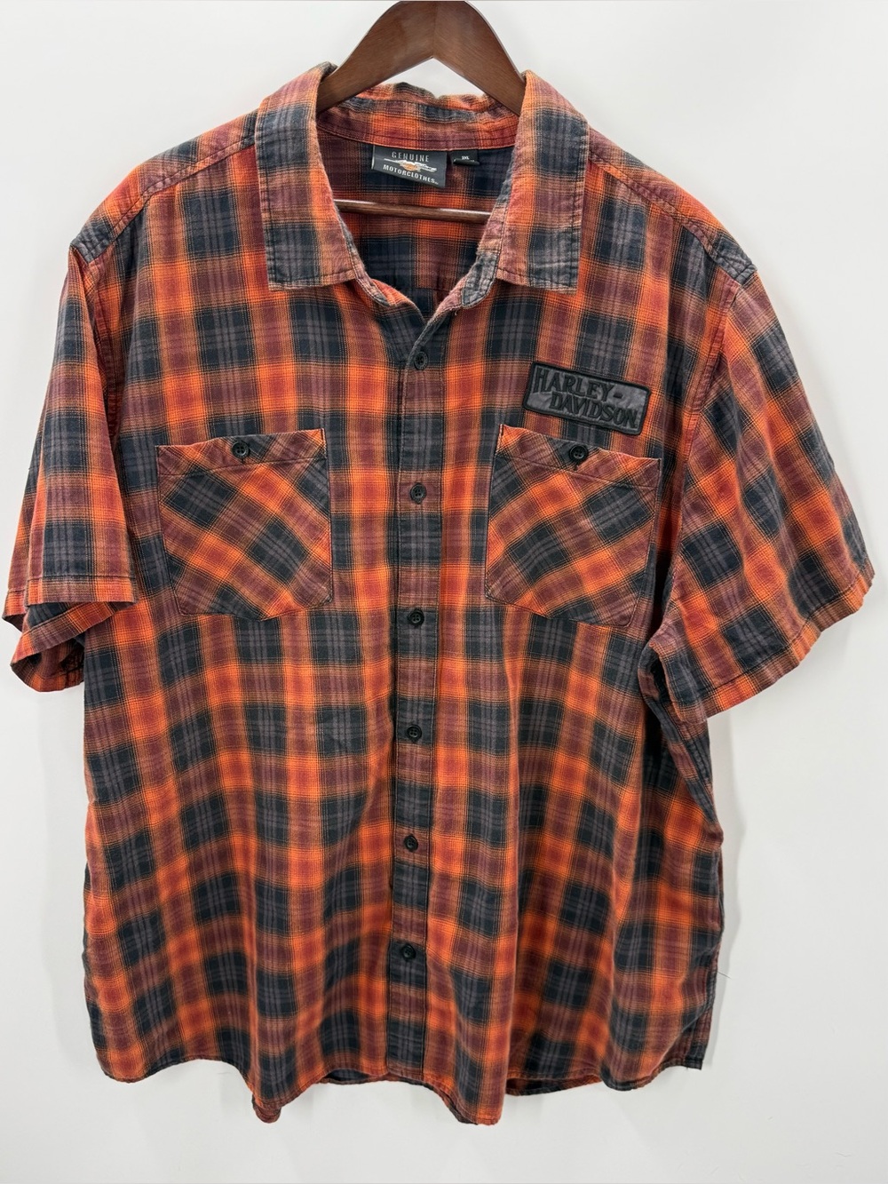 363 Harley-Davidson Men’s 3XL Orange Plaid Short-Sleeve Shirt